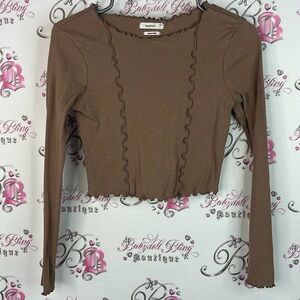 Reserved long sleeve frilly ruffle trim Brown Ruffle Trim Long Sleeve Blouse